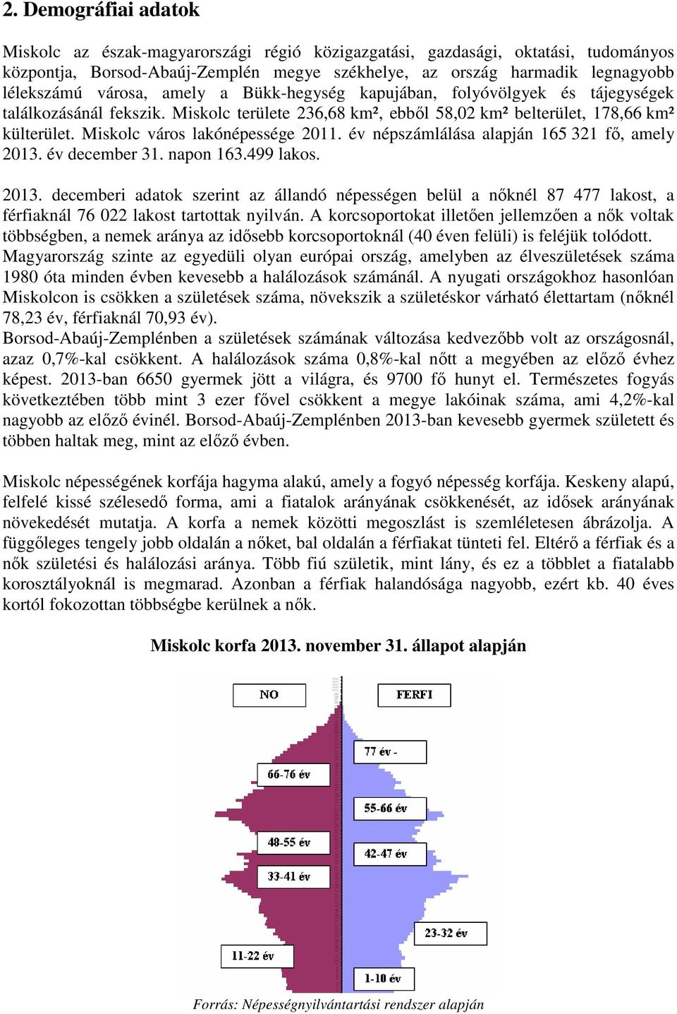 Miskolc város lakónépessége 2011. év népszámlálása alapján 165 321 fő, amely 2013.