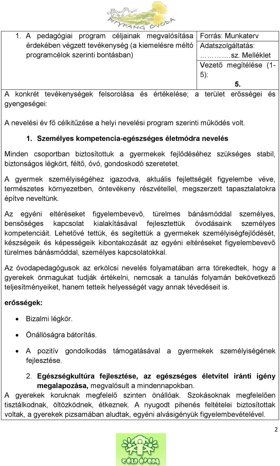 Személyes kompetencia-egészséges életmódra nevelés Minden csoportban biztosítottuk a gyermekek fejlődéséhez szükséges stabil, biztonságos légkört, féltő, óvó, gondoskodó szeretetet.