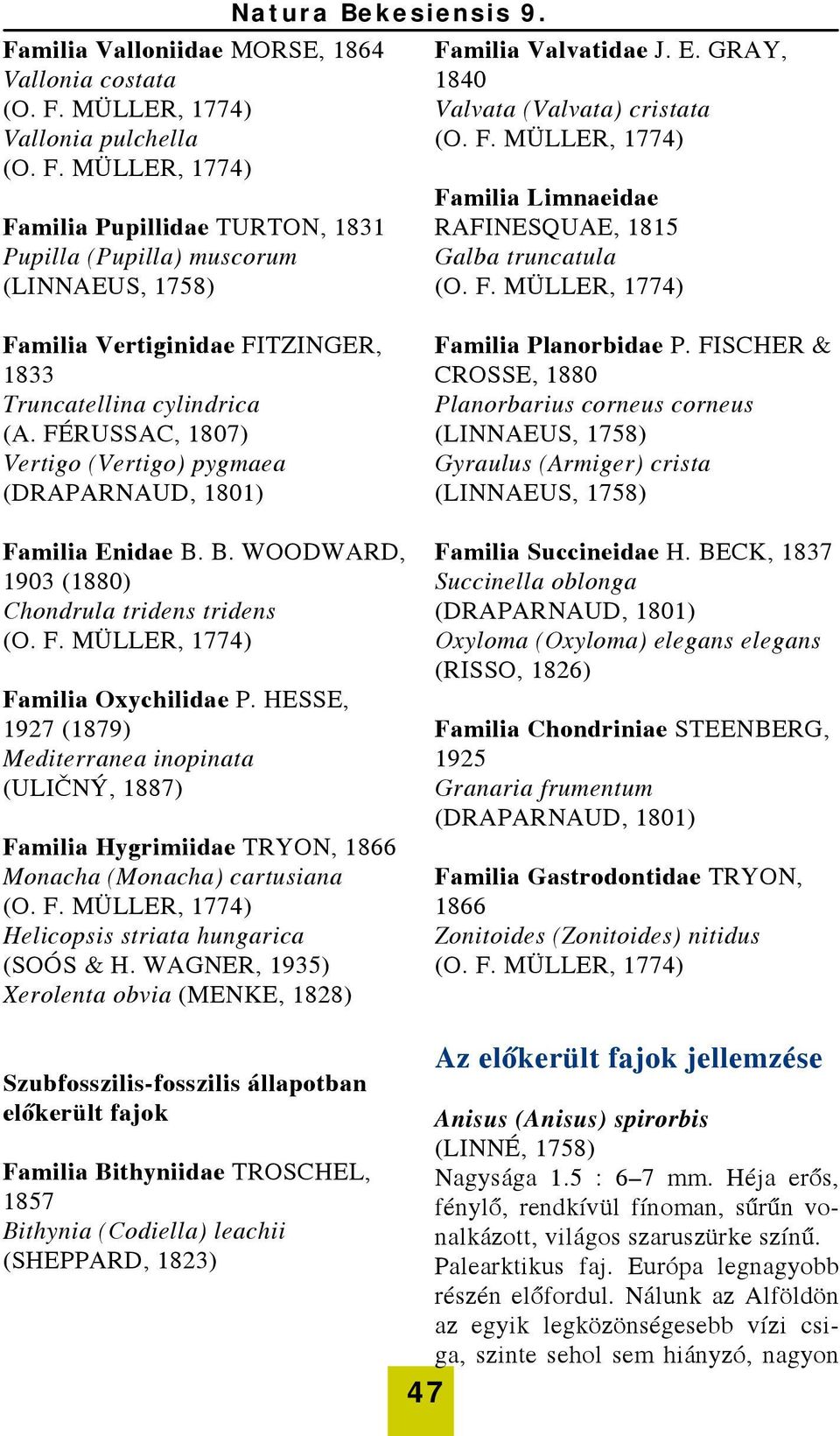 FÉRUSSAC, 1807) Vertigo (Vertigo) pygmaea (DRAPARNAUD, 1801) Familia Enidae B. B. WOODWARD, 1903 (1880) Chondrula tridens tridens (O. F. MÜLLER, 1774) Familia Oxychilidae P.