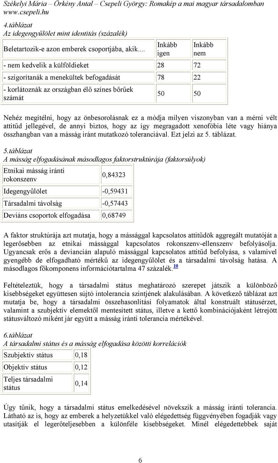 önbesorolásnak ez a módja milyen viszonyban van a mérni vélt attitűd jellegével, de annyi biztos, hogy az így megragadott xenofóbia léte vagy hiánya összhangban van a másság iránt mutatkozó