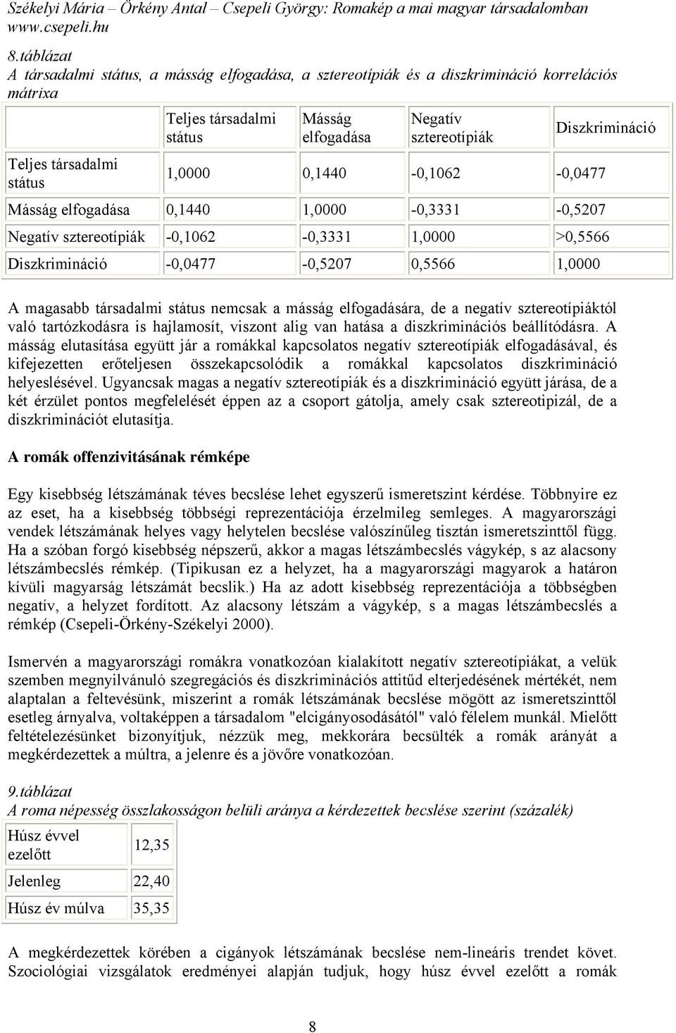 társadalmi státus nemcsak a másság elfogadására, de a negatív sztereotípiáktól való tartózkodásra is hajlamosít, viszont alig van hatása a diszkriminációs beállítódásra.