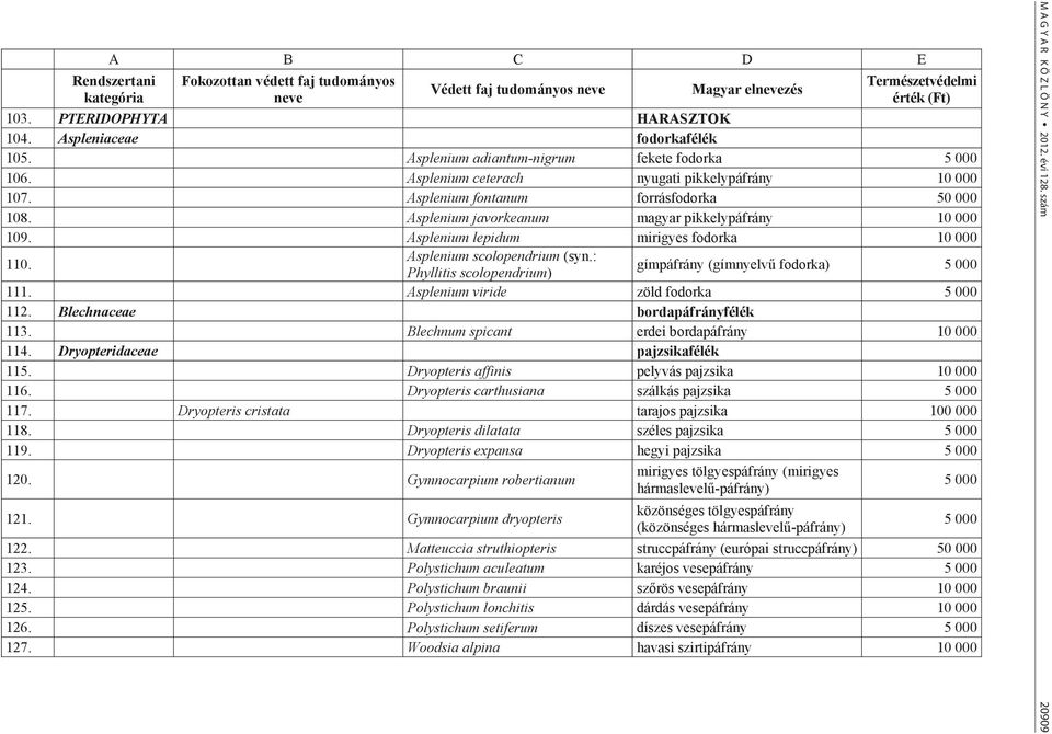 : Phyllitis scolopendrium) gímpáfrány (gímnyelv fodorka) 5 000 111. Asplenium viride zöld fodorka 5 000 112. Blechnaceae bordapáfrányfélék 113. Blechnum spicant erdei bordapáfrány 10 000 114.
