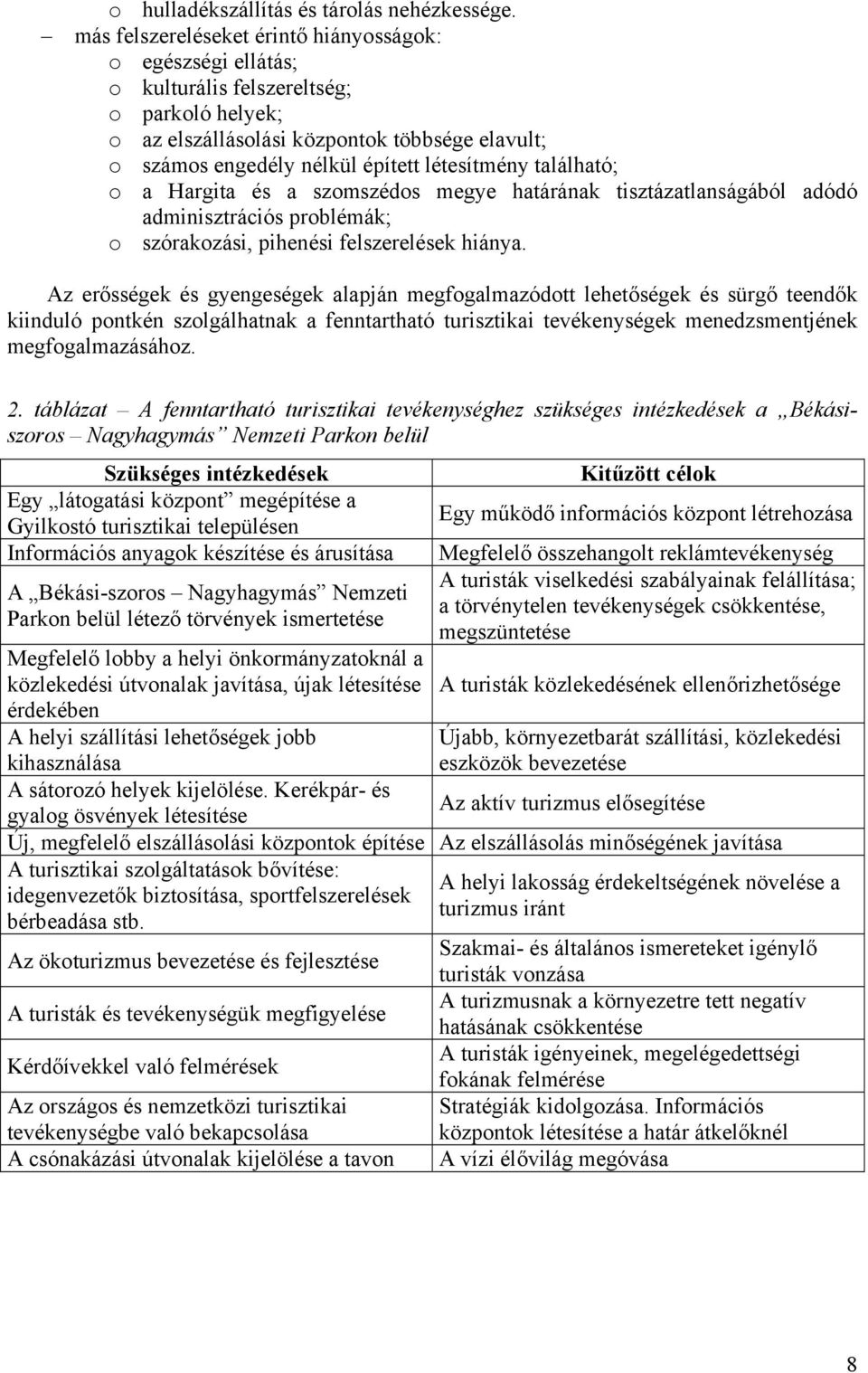 létesítmény található; o a Hargita és a szomszédos megye határának tisztázatlanságából adódó adminisztrációs problémák; o szórakozási, pihenési felszerelések hiánya.