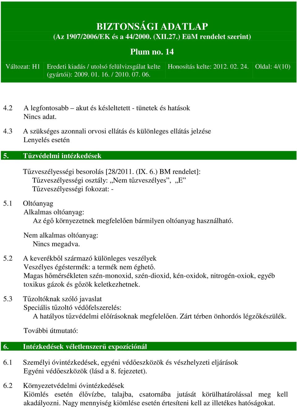 1 Oltóanyag Alkalmas oltóanyag: Az égő környezetnek megfelelően bármilyen oltóanyag használható. Nem alkalmas oltóanyag: Nincs megadva. 5.