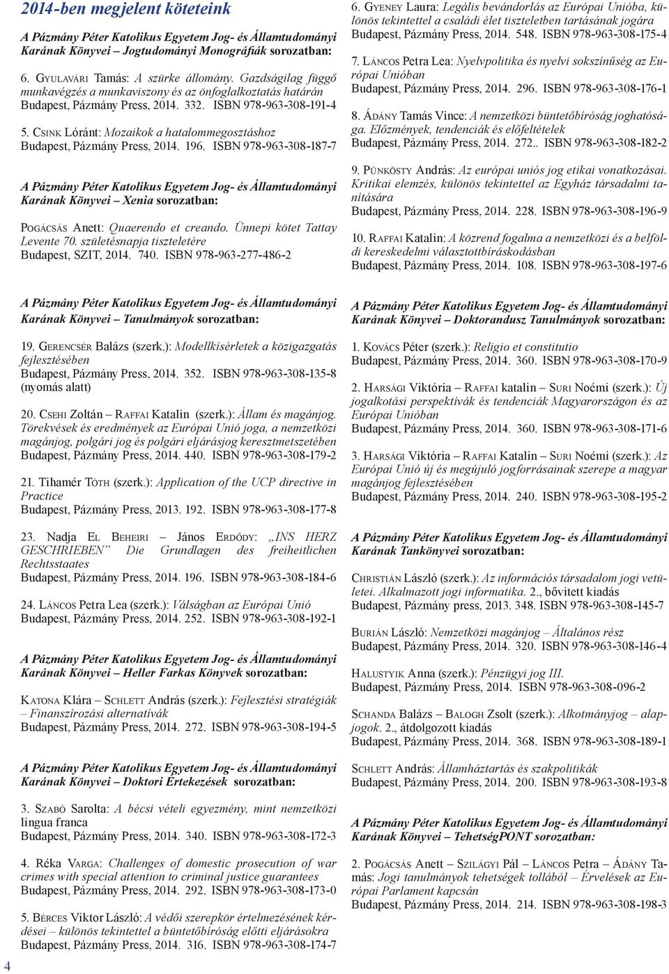 Csink Lóránt: Mozaikok a hatalommegosztáshoz Budapest, Pázmány Press, 2014. 196. ISBN 978-963-308-187-7 Karának Könyvei Xenia sorozatban: Pogácsás Anett: Quaerendo et creando.