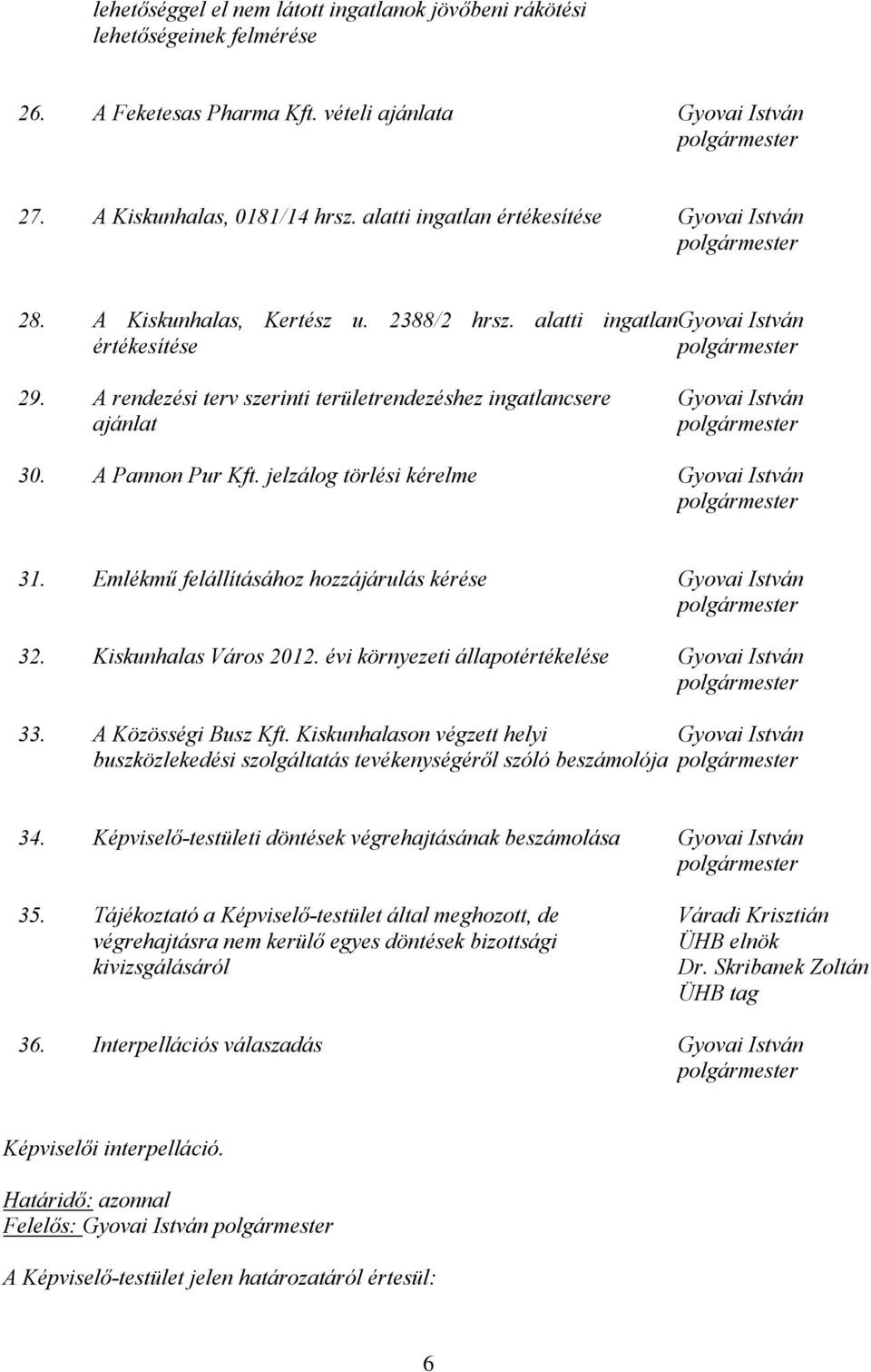 A rendezési terv szerinti területrendezéshez ingatlancsere ajánlat Gyovai István polgármester 30. A Pannon Pur Kft. jelzálog törlési kérelme Gyovai István polgármester 31.