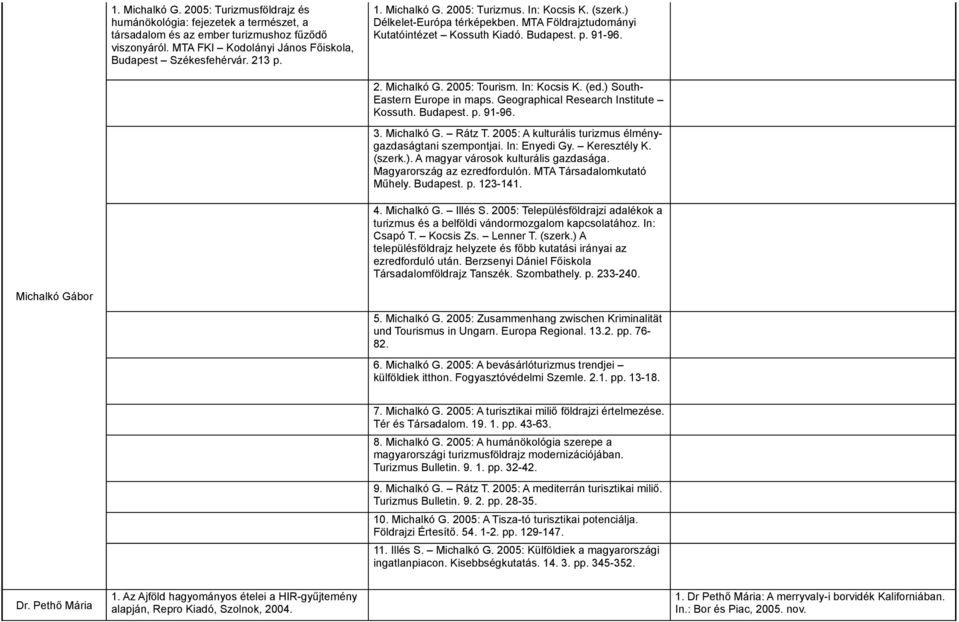 In: Kocsis K. (ed.) South- Eastern Europe in maps. Geographical Research Institute Kossuth. Budapest. p. 91-96. 3. Michalkó G. Rátz T. 2005: A kulturális turizmus élménygazdaságtani szempontjai.