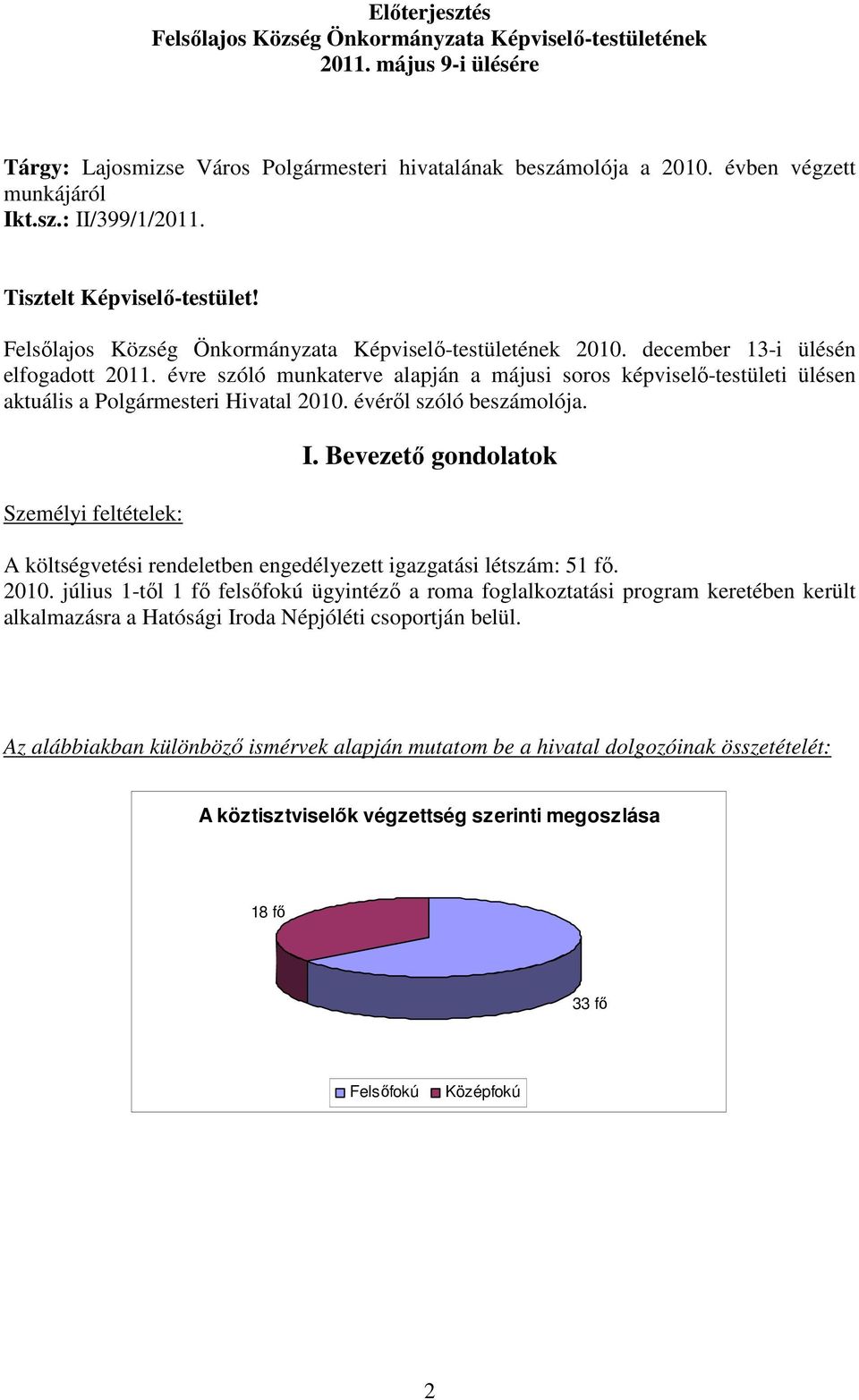 évre szóló munkaterve alapján a májusi soros képviselı-testületi ülésen aktuális a Polgármesteri Hivatal 2010. évérıl szóló beszámolója. Személyi feltételek: I.