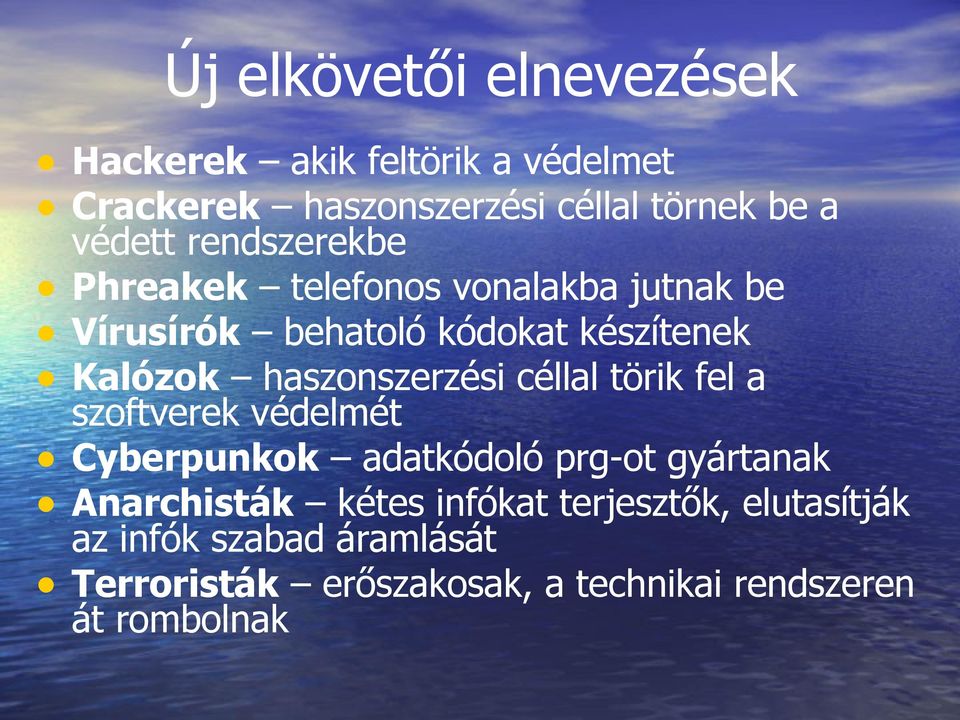 haszonszerzési céllal törik fel a szoftverek védelmét Cyberpunkok adatkódoló prg-ot gyártanak Anarchisták