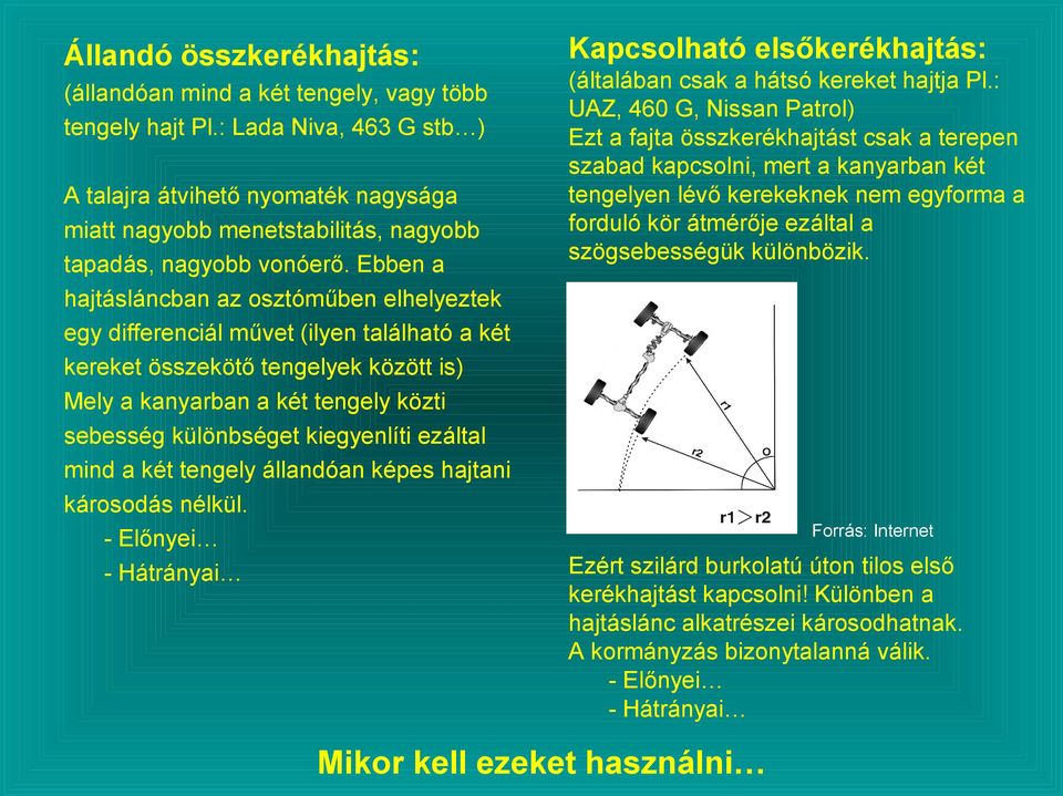 Ebben a hajtásláncban az osztóműben elhelyeztek egy differenciál művet (ilyen található a két kereket összekötő tengelyek között is) Mely a kanyarban a két tengely közti sebesség különbséget