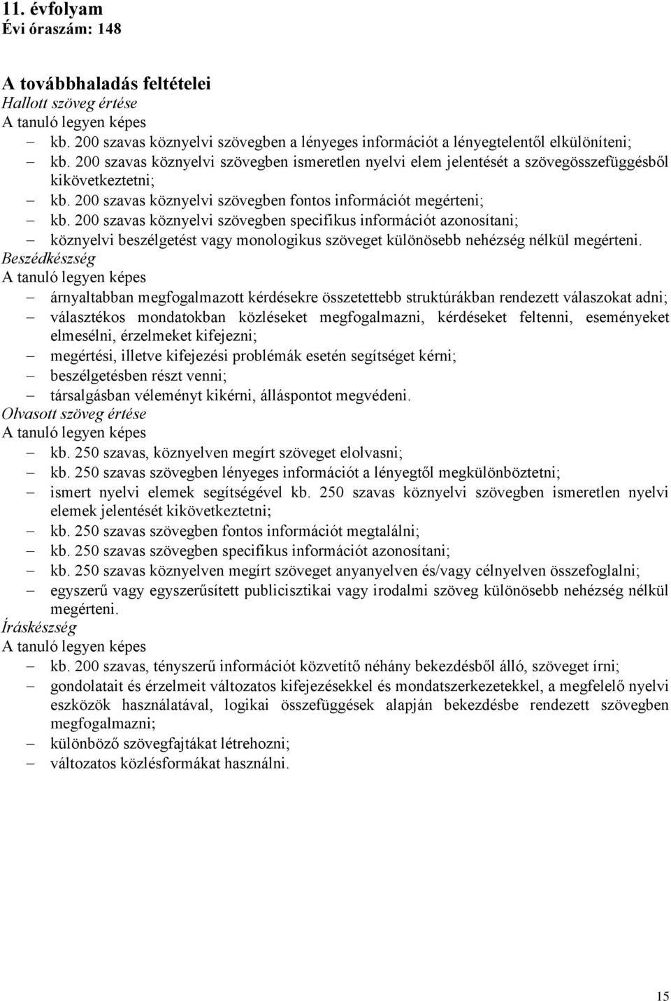 200 szavas köznyelvi szövegben specifikus információt azonosítani; köznyelvi beszélgetést vagy monologikus szöveget különösebb nehézség nélkül megérteni.