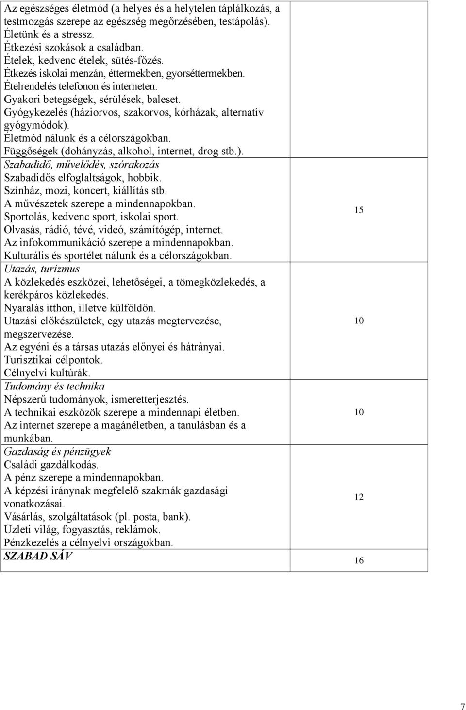 Gyógykezelés (háziorvos, szakorvos, kórházak, alternatív gyógymódok). Életmód nálunk és a célországokban. Függőségek (dohányzás, alkohol, internet, drog stb.). Szabadidő, művelődés, szórakozás Szabadidős elfoglaltságok, hobbik.