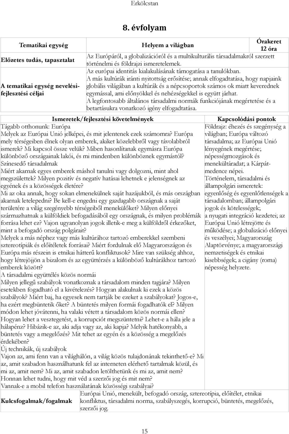 A más kultúrák iránti nyitottság erősítése; annak elfogadtatása, hogy napjaink globális világában a kultúrák és a népcsoportok számos ok miatt keverednek egymással, ami előnyökkel és nehézségekkel is