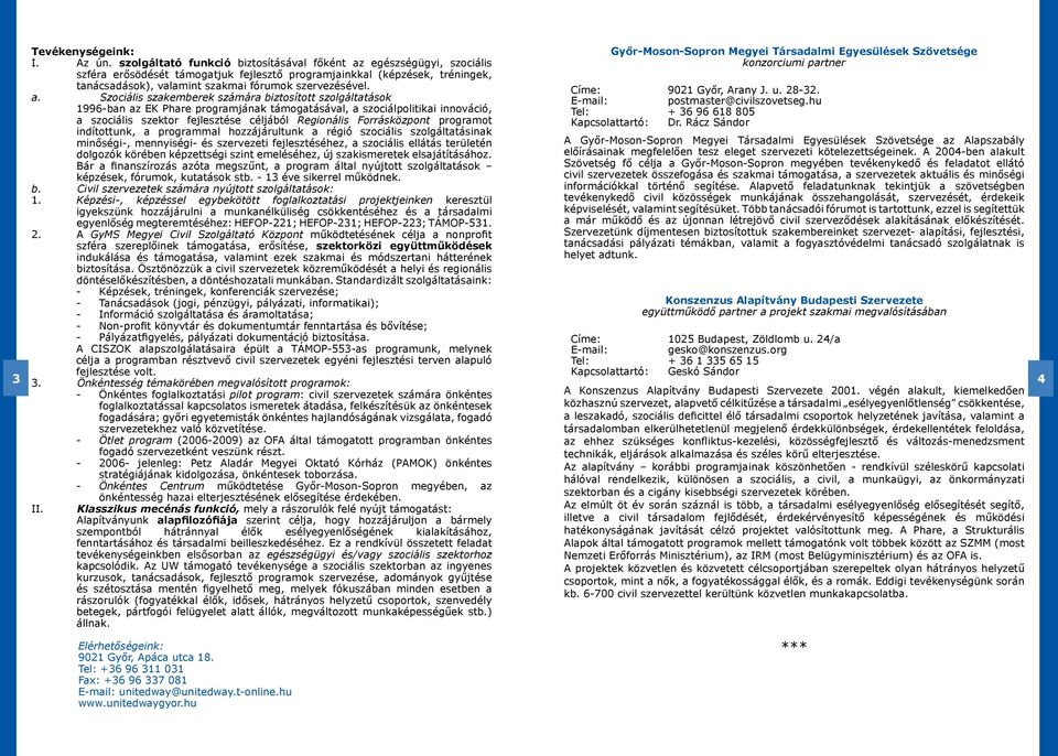 a. Szociális szakemberek számára biztosított szolgáltatások 1996-ban az EK Phare programjának támogatásával, a szociálpolitikai innováció, a szociális szektor fejlesztése céljából Regionális