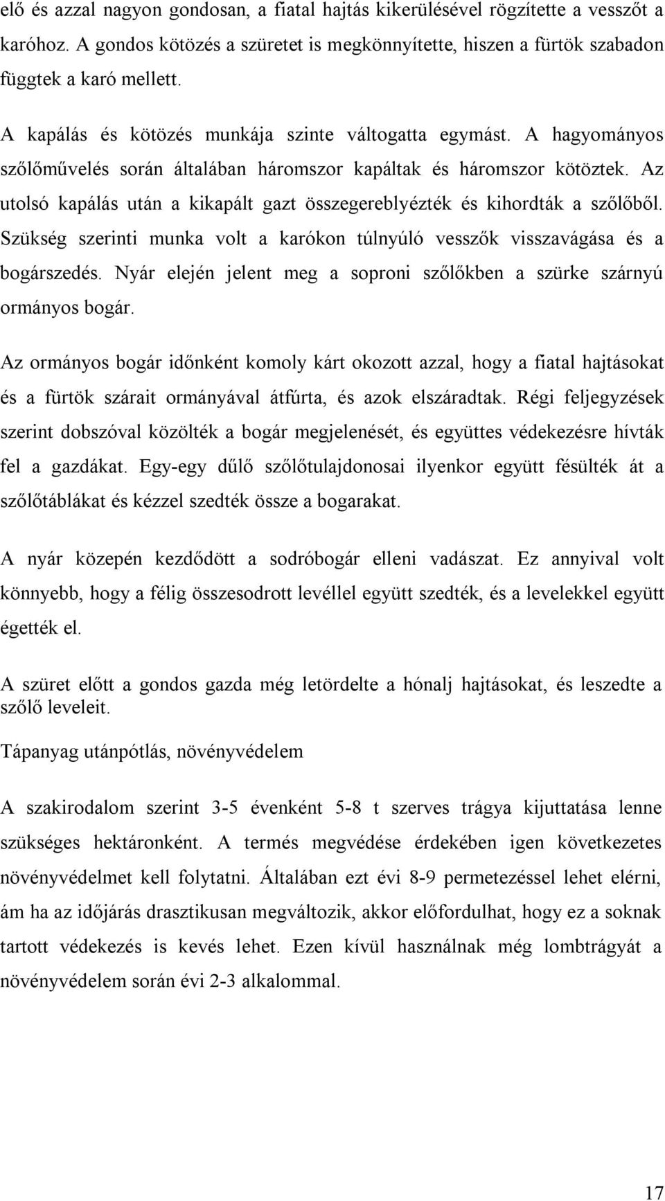 Az utolsó kapálás után a kikapált gazt összegereblyézték és kihordták a szőlőből. Szükség szerinti munka volt a karókon túlnyúló vesszők visszavágása és a bogárszedés.