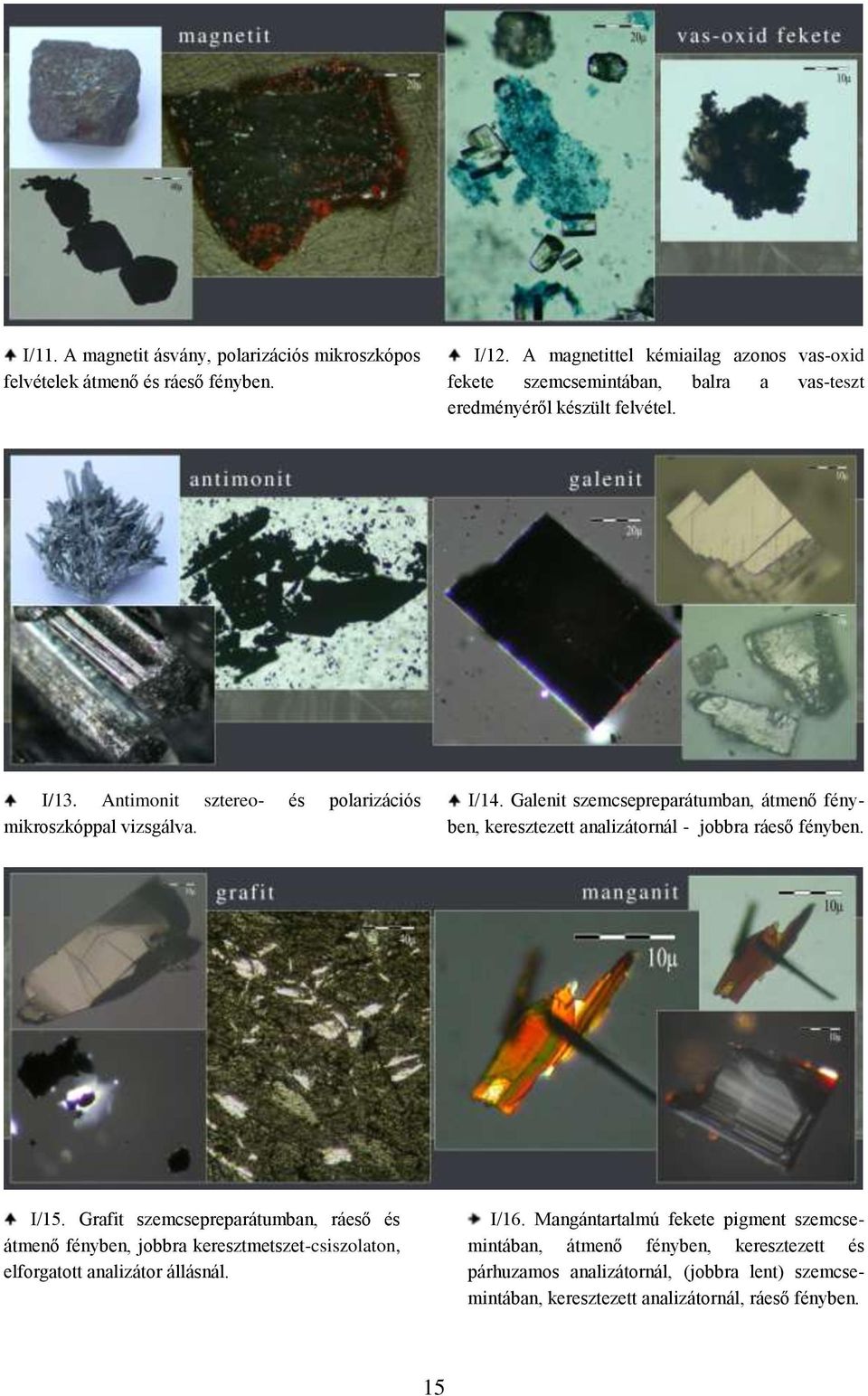 Antimonit sztereo- és polarizációs mikroszkóppal vizsgálva. I/14. Galenit szemcsepreparátumban, átmenő fényben, keresztezett analizátornál - jobbra ráeső fényben. I/15.