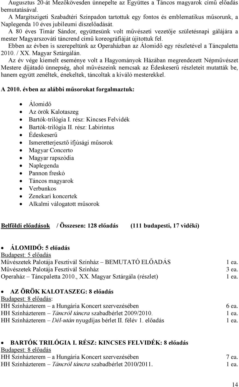 A 80 éves Timár Sándor, együttesünk volt művészeti vezetője születésnapi gálájára a mester Magyarszováti táncrend című koreográfiáját újítottuk fel.