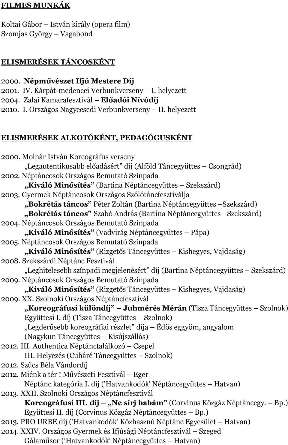 Molnár István Koreográfus verseny Legautentikusabb előadásért díj (Alföld Táncegyüttes Csongrád) 2002. Néptáncosok Országos Bemutató Színpada Kiváló Minősítés (Bartina Néptáncegyüttes Szekszárd) 2003.