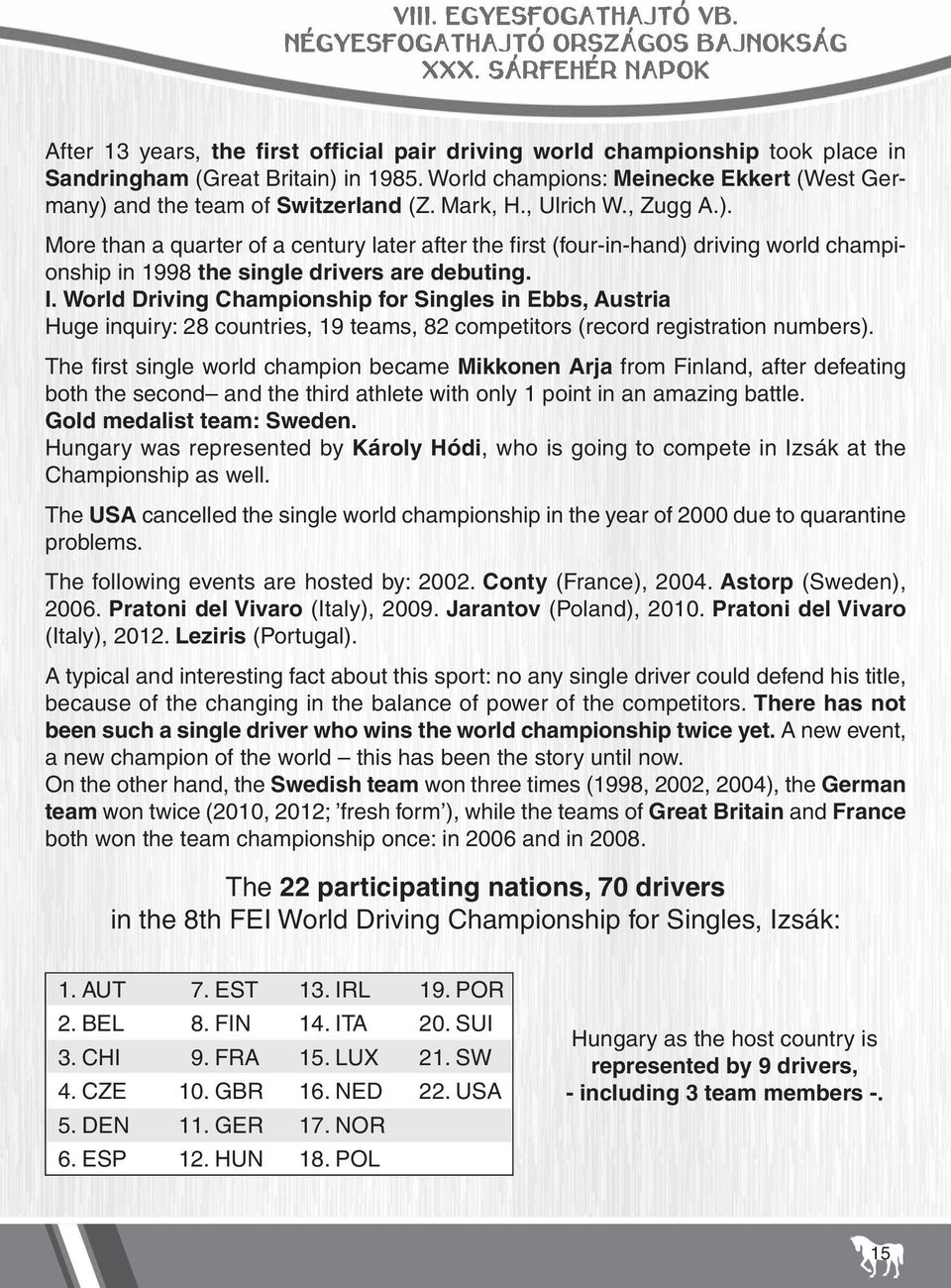 World Driving Championship for Singles in Ebbs, Austria Huge inquiry: 28 countries, 19 teams, 82 competitors (record registration numbers).