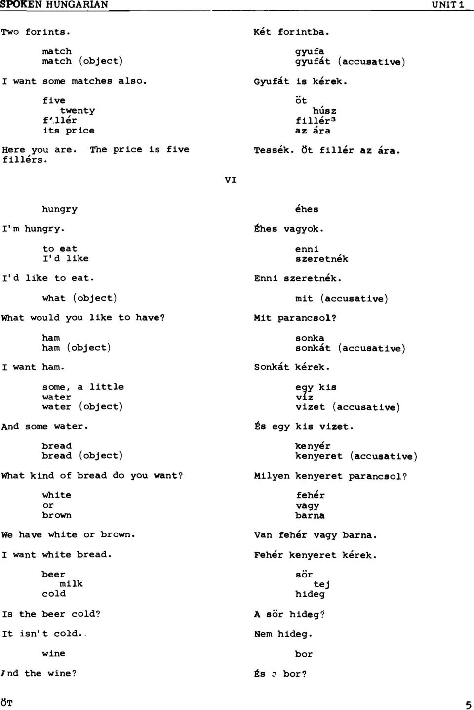 éhes thes vagyok. enni szeretnék Enni szeretnék. Mit parancsol? mit (accusative) ham ham (object) sonka sonkát (accusative) I want ham. some, a little water water (object) sonkát kérek.