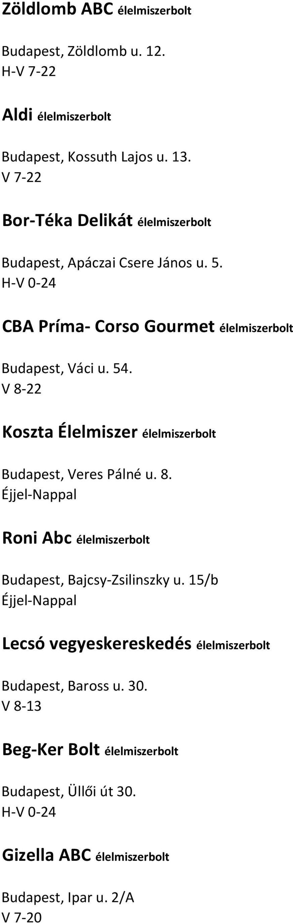 V 8-22 Koszta Élelmiszer élelmiszerbolt Budapest, Veres Pálné u. 8. Éjjel-Nappal Roni Abc élelmiszerbolt Budapest, Bajcsy-Zsilinszky u.