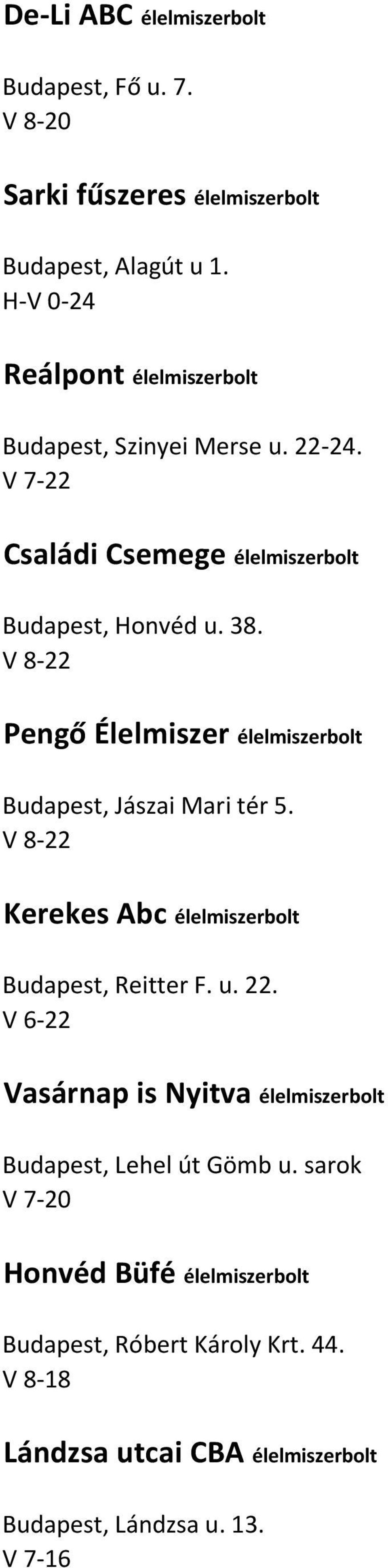 V 8-22 Pengő Élelmiszer élelmiszerbolt Budapest, Jászai Mari tér 5. V 8-22 Kerekes Abc élelmiszerbolt Budapest, Reitter F. u. 22.