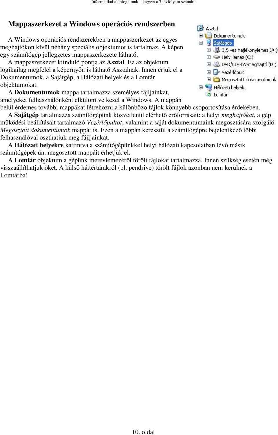 Innen érjük el a Dokumentumok, a Sajátgép, a Hálózati helyek és a Lomtár objektumokat. A Dokumentumok mappa tartalmazza személyes fájljainkat, amelyeket felhasználónként elkülönítve kezel a Windows.