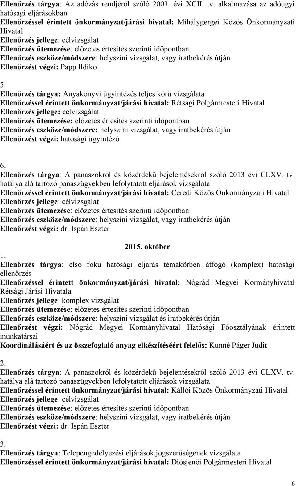 előzetes értesítés szerinti időpontban Ellenőrzés eszköze/módszere: helyszíni vizsgálat, vagy iratbekérés útján Ellenőrzést végzi: Papp Ildikó 5.