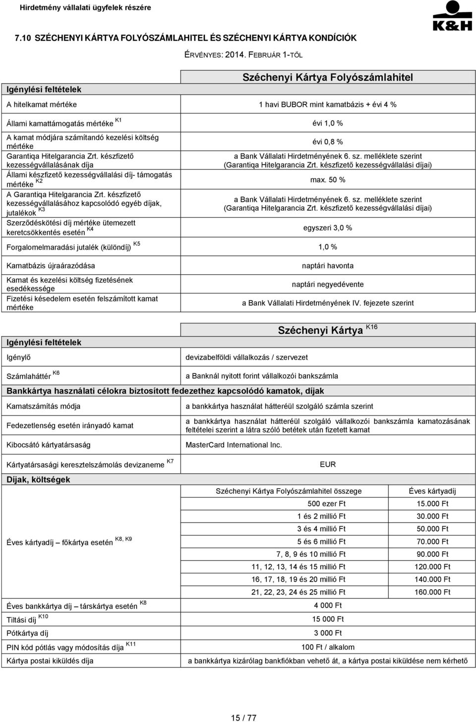 kezelési költség évi 0,8 % mértéke Garantiqa Hitelgarancia Zrt. készfizető a Bank Vállalati Hirdetményének 6. sz. melléklete szerint kezességvállalásának díja (Garantiqa Hitelgarancia Zrt.