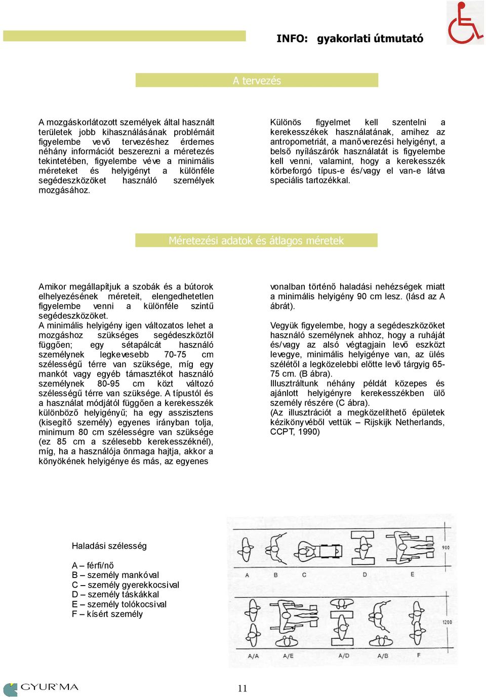 Különös figyelmet kell szentelni a kerekesszékek használatának, amihez az antropometriát, a manőverezési helyigényt, a belső nyílászárók használatát is figyelembe kell venni, valamint, hogy a