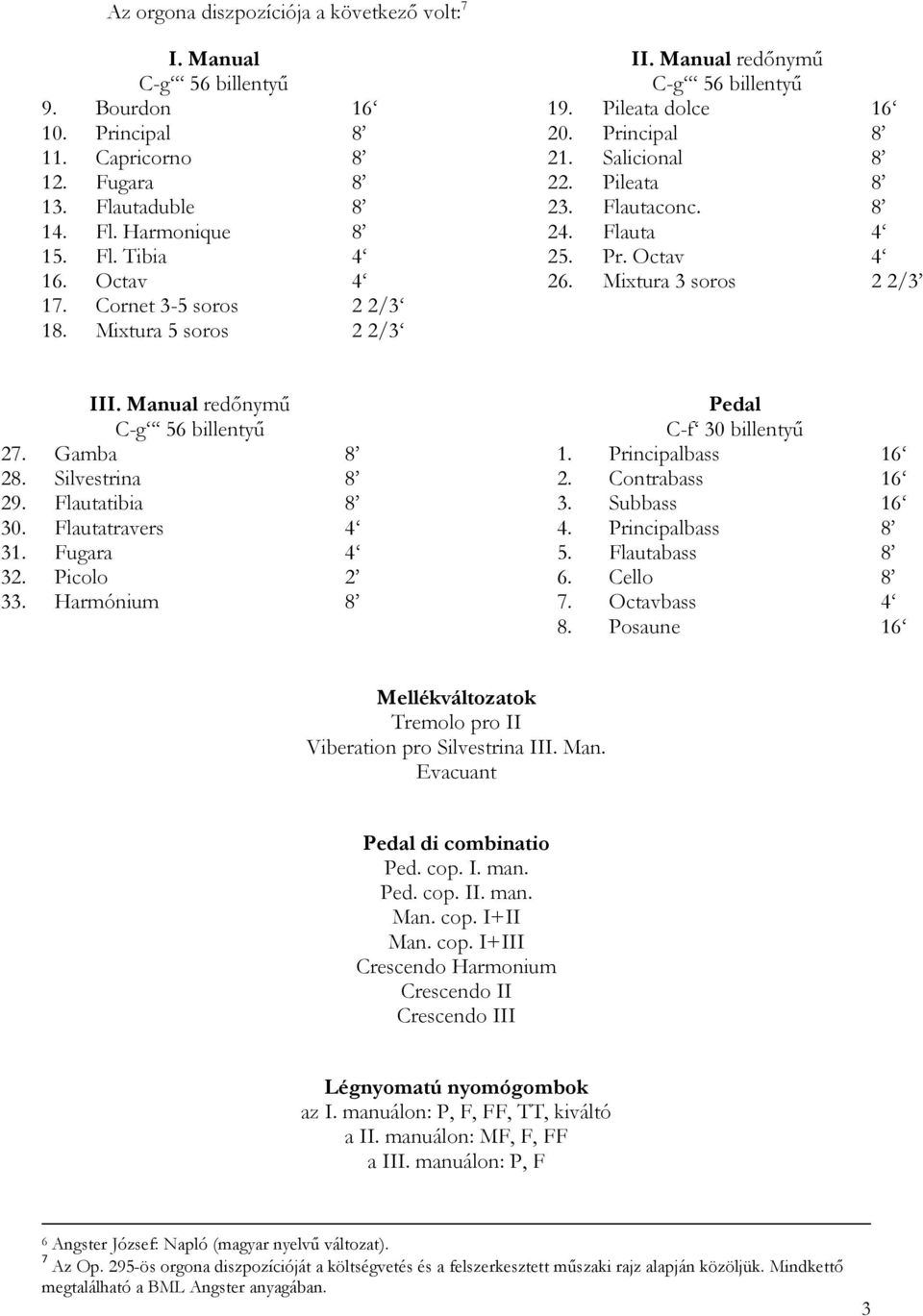 Cornet 3-5 soros 2 2/3 18. Mixtura 5 soros 2 2/3 III. Manual redőnymű C-g 56 billentyű Pedal C-f 30 billentyű 27. Gamba 8 1. Principalbass 16 28. Silvestrina 8 2. Contrabass 16 29. Flautatibia 8 3.