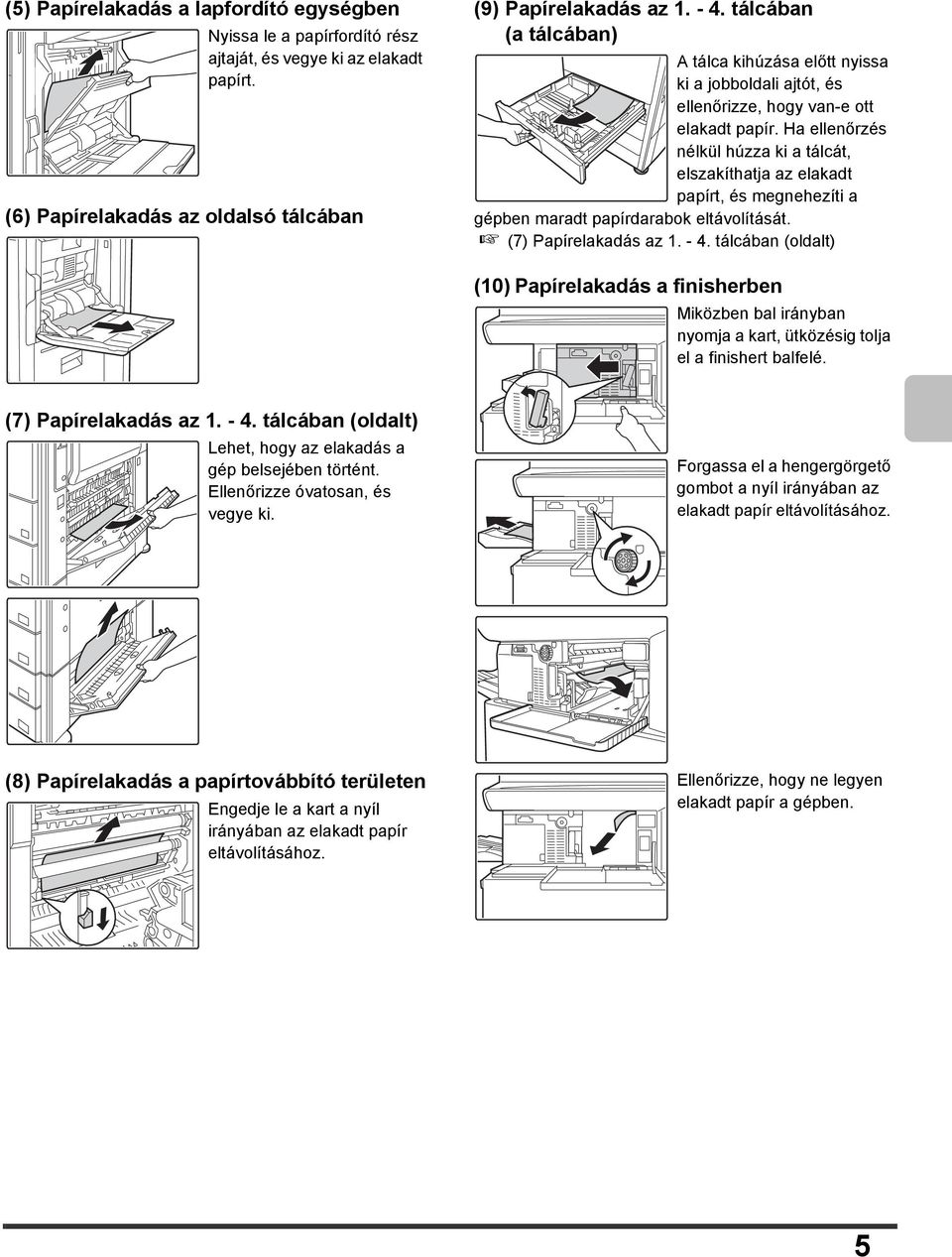 Ha ellenőrzés nélkül húzza ki a tálcát, elszakíthatja az elakadt papírt, és megnehezíti a gépben maradt papírdarabok eltávolítását. (7) Papírelakadás az 1. - 4.