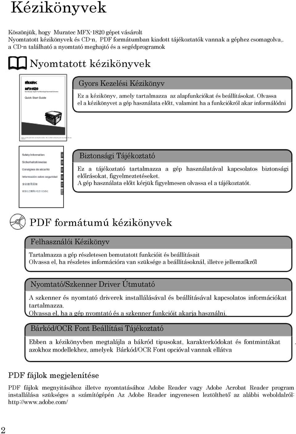 a CD-n található a nyomtató meghajtó és a segédprogramok Nyomtatott kézikönyvek Gyors Kezelési Kézikönyv Normál-papír digital Fax/Másológép/Nyomtató/Szkenner Quick Start Guide Ez a kézikönyv, amely