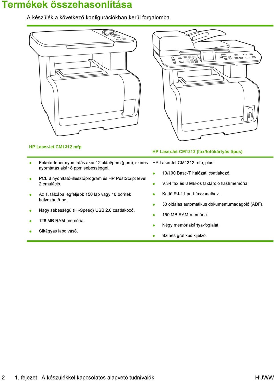 PCL 6 nyomtató-illesztőprogram és HP PostScript level 2 emuláció. HP LaserJet CM1312 mfp, plus: 10/100 Base-T hálózati csatlakozó. V.34 fax és 8 MB-os faxtároló flashmemória. Az 1.