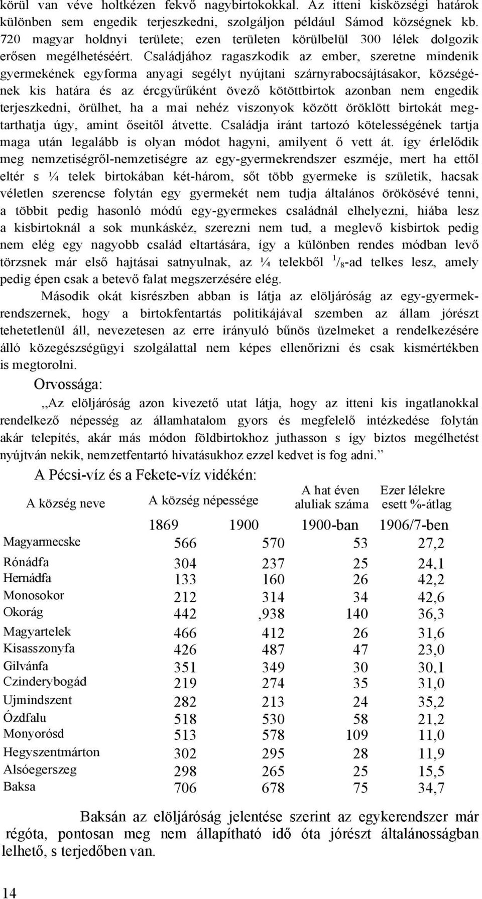 Családjához ragaszkodik az ember, szeretne mindenik gyermekének egyforma anyagi segélyt nyújtani szárnyrabocsájtásakor, községének kis határa és az ércgyűrűként övező kötöttbirtok azonban nem engedik