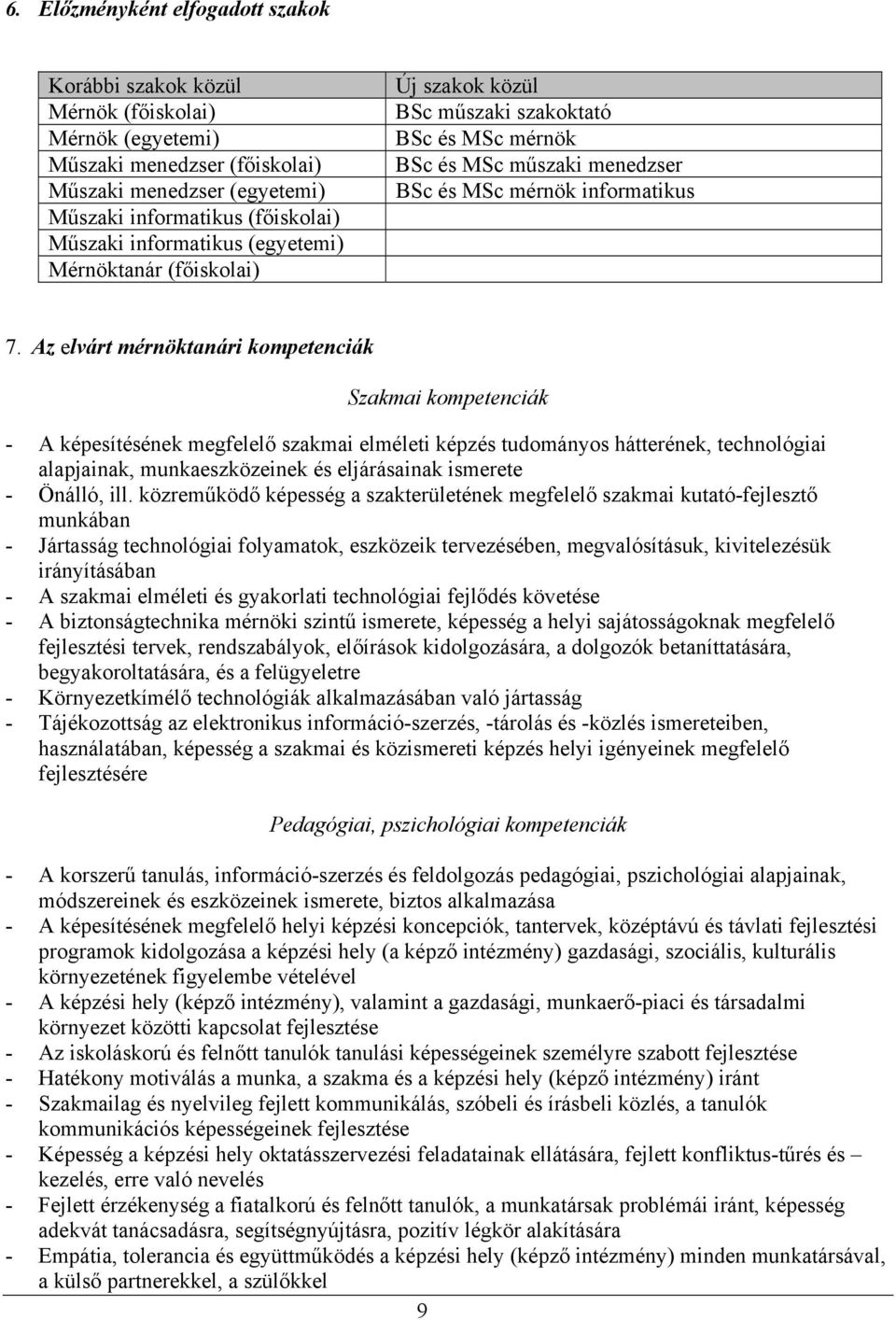 Az elvárt mérnöktanári kompetenciák Szakmai kompetenciák - A képesítésének megfelelő szakmai elméleti képzés tudományos hátterének, technológiai alapjainak, munkaeszközeinek és eljárásainak ismerete