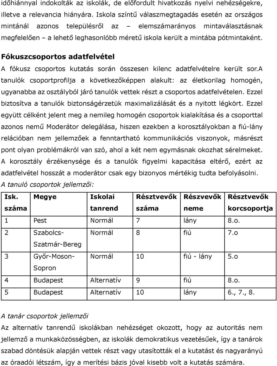 Fókuszcsoportos adatfelvétel A fókusz csoportos kutatás során összesen kilenc adatfelvételre került sor.