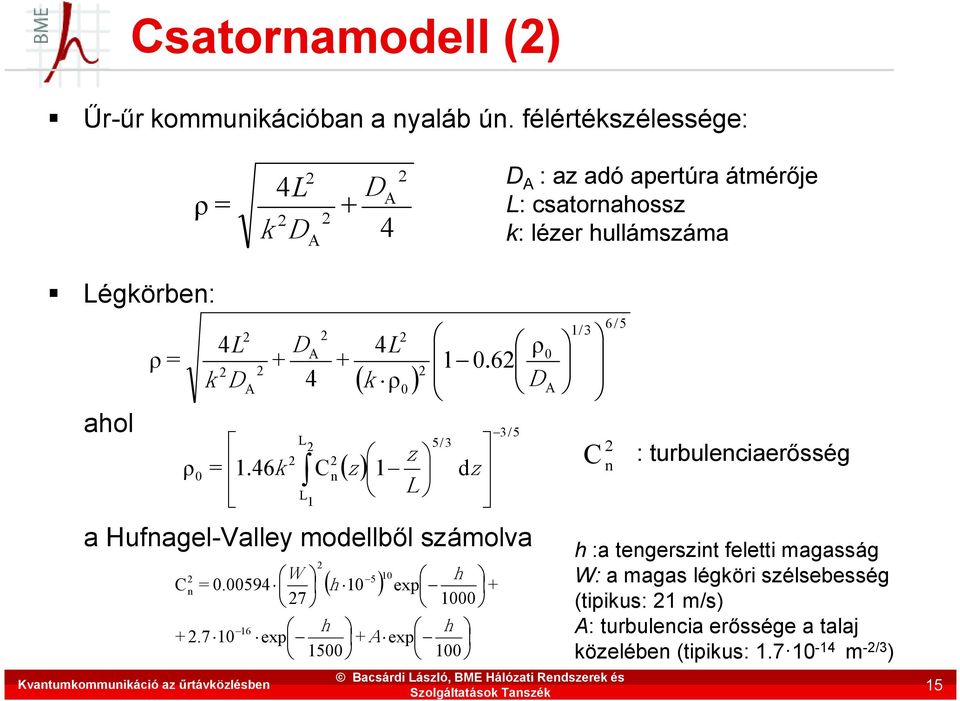 A D + 4 0 1 0.6 ρ0 k DA a Hufnagel-Valley modellből számolva + 4L L 5/3 0 = z 1.46k Cn z 1 d L L 1 z W 5 10 h Cn = 0.