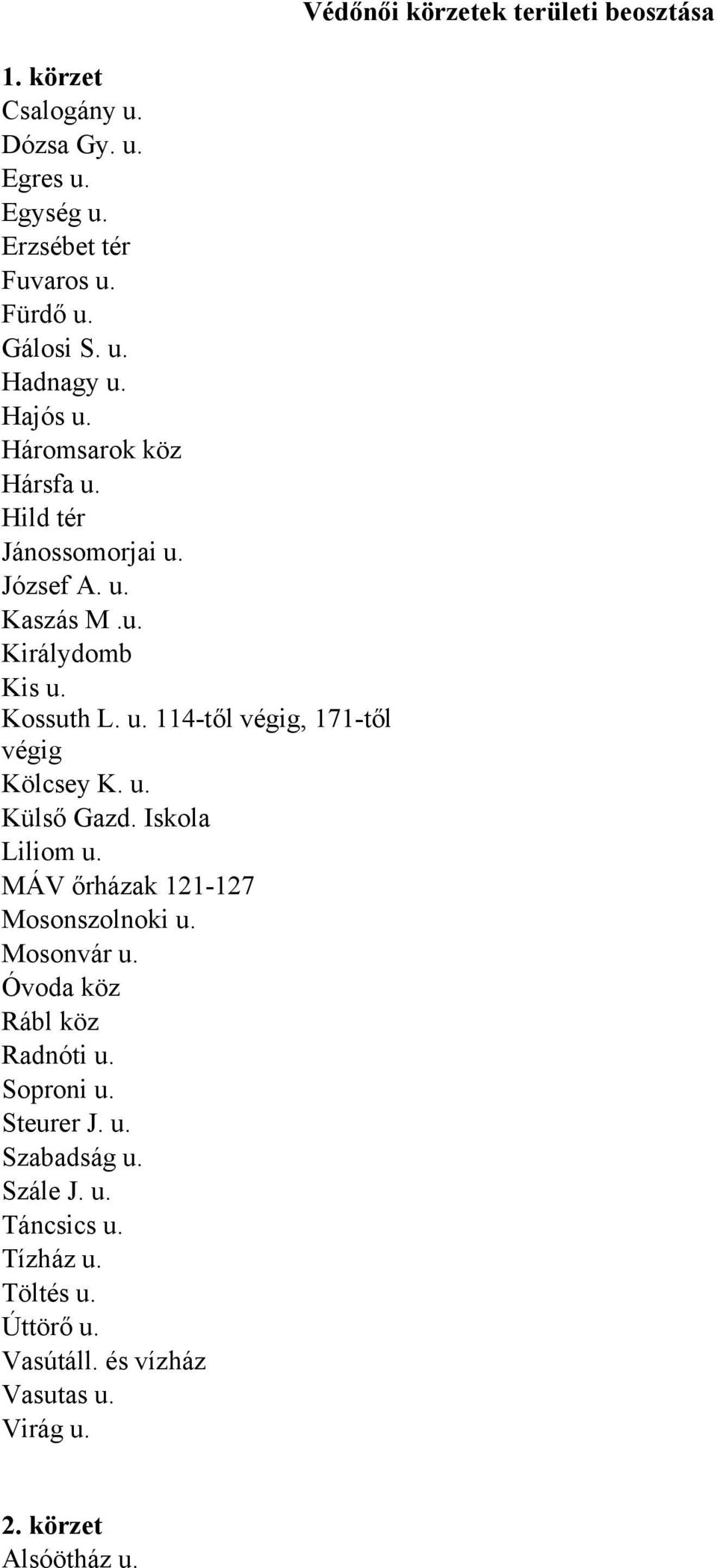 u. Külső Gazd. Iskola Liliom u. MÁV őrházak 121-127 Mosonszolnoki u. Mosonvár u. Óvoda köz Rábl köz Radnóti u. Soproni u. Steurer J. u. Szabadság u.