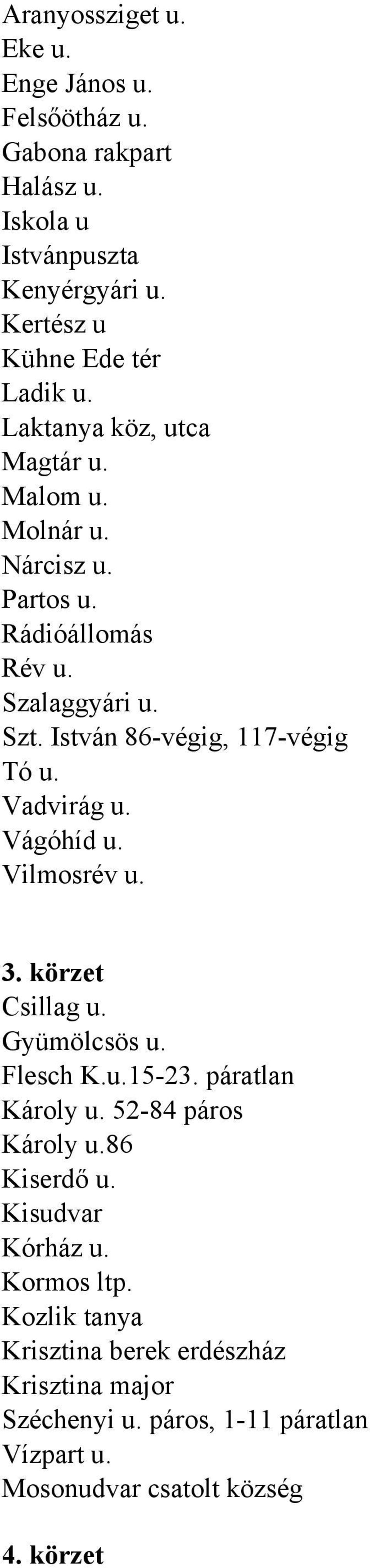 Vadvirág u. Vágóhíd u. Vilmosrév u. 3. körzet Csillag u. Gyümölcsös u. Flesch K.u.15-23. páratlan Károly u. 52-84 páros Károly u.86 Kiserdő u.