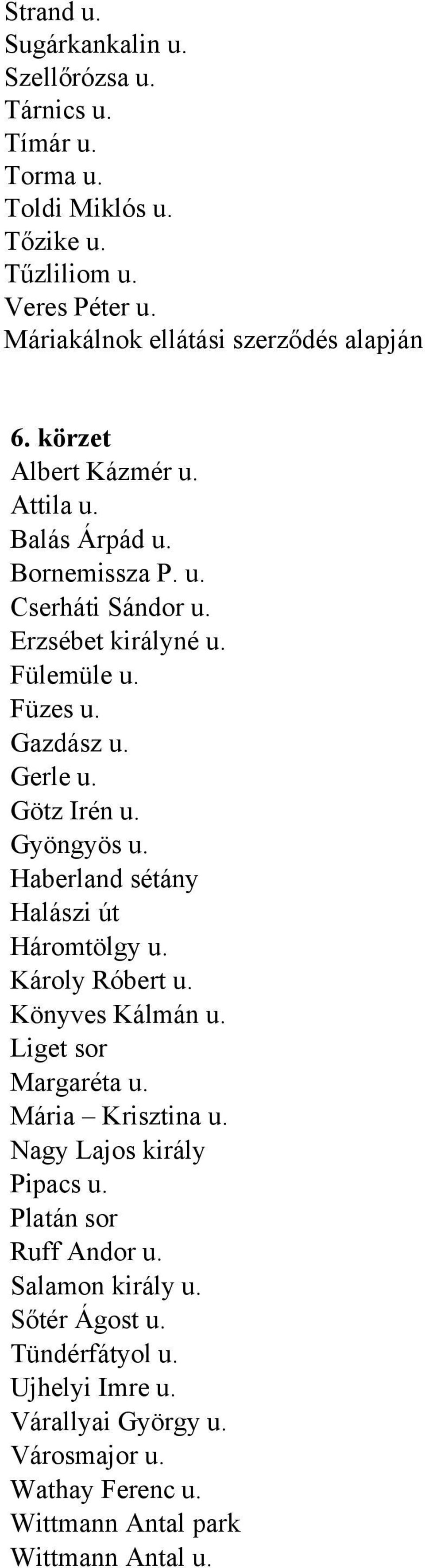 Gyöngyös u. Haberland sétány Halászi út Háromtölgy u. Károly Róbert u. Könyves Kálmán u. Liget sor Margaréta u. Mária Krisztina u. Nagy Lajos király Pipacs u.