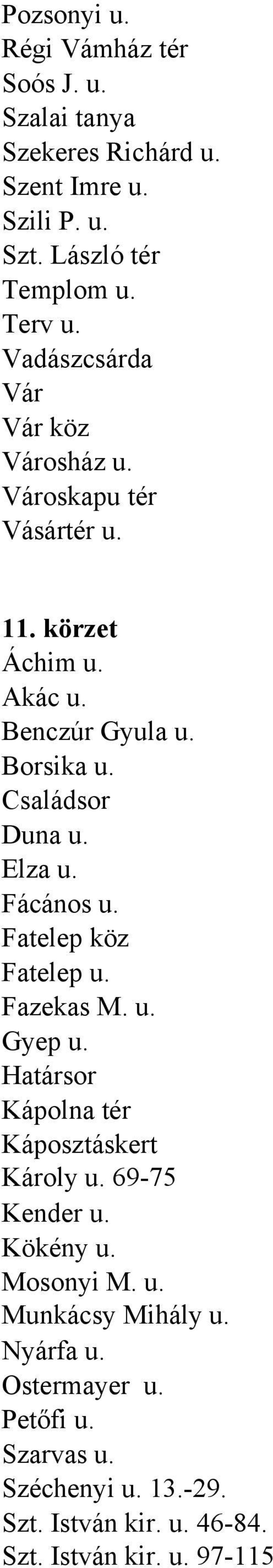 Elza u. Fácános u. Fatelep köz Fatelep u. Fazekas M. u. Gyep u. Határsor Kápolna tér Káposztáskert Károly u. 69-75 Kender u. Kökény u.