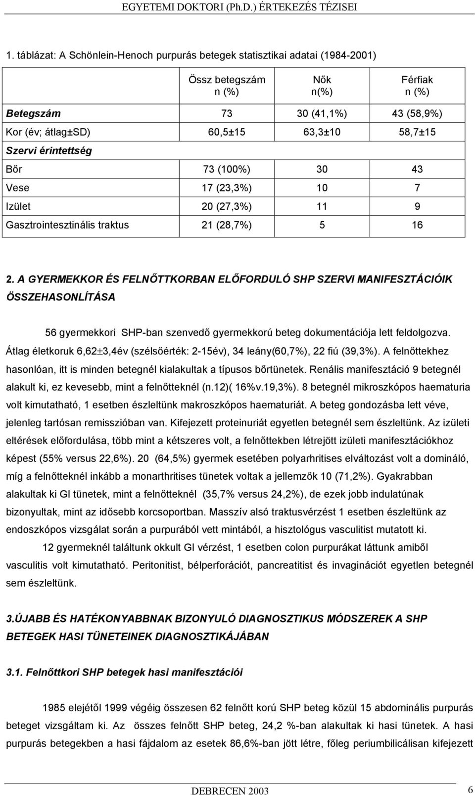 A GYERMEKKOR ÉS FELN TTKORBAN EL FORDULÓ SHP SZERVI MANIFESZTÁCIÓIK ÖSSZEHASONLÍTÁSA 56 gyermekkori SHP-ban szenved gyermekkorú beteg dokumentációja lett feldolgozva.