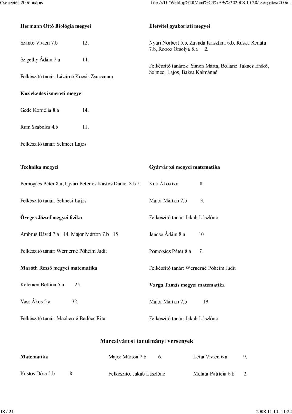 Rum Szabolcs 4.b 11. Felkészítı tanár: Selmeci Lajos Technika megyei Gyárvárosi megyei matematika Pomogács Péter 8.a, Ujvári Péter és Kustos Dániel 8.b 2. Kuti Ákos 6.a 8.