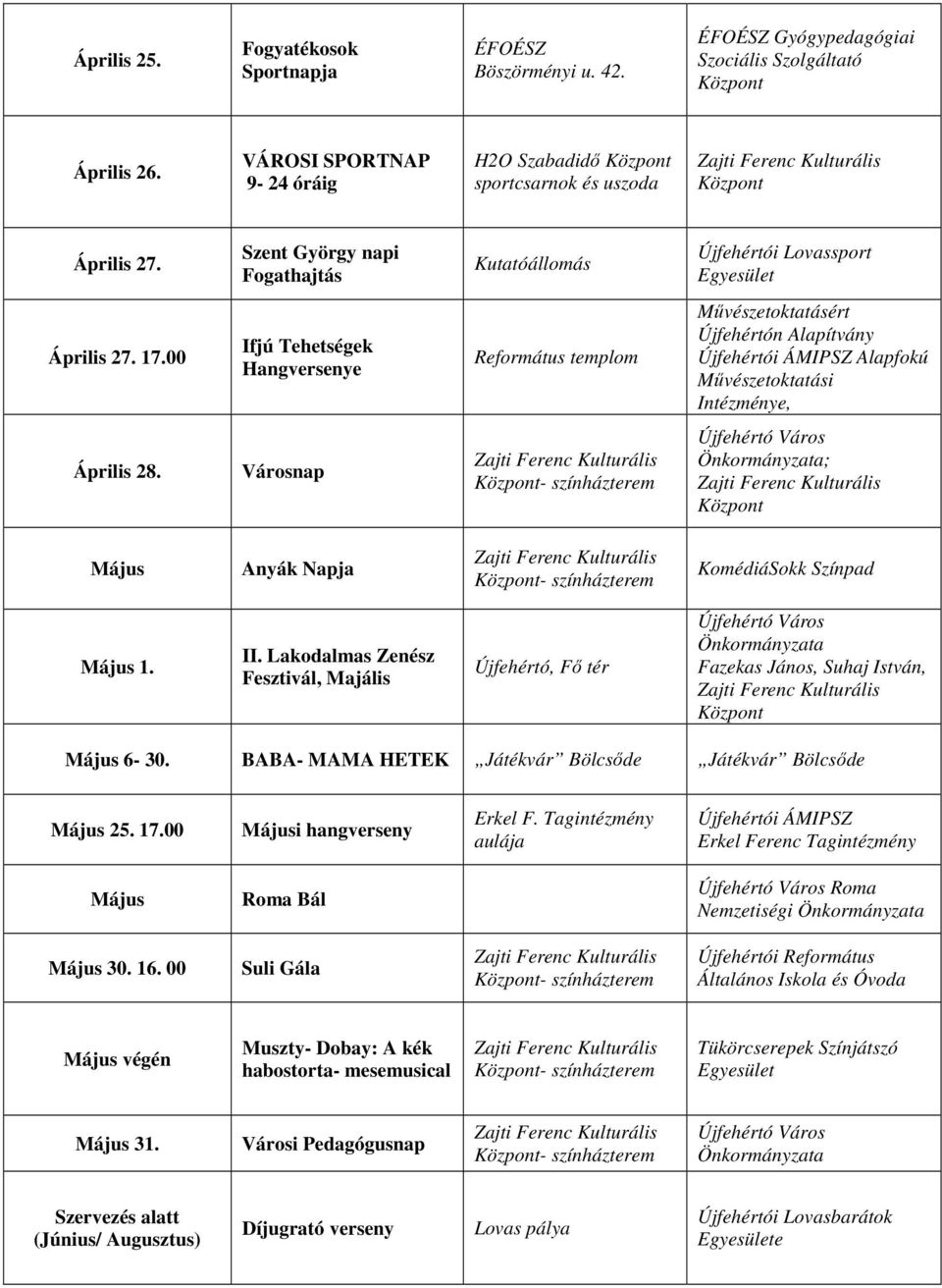 Városnap - színházterem ; Május Anyák Napja - színházterem Május 1. II. Lakodalmas Zenész Fesztivál, Majális Fazekas János, Suhaj István, Május 6-30. BABA- MAMA HETEK Május 25. 17.