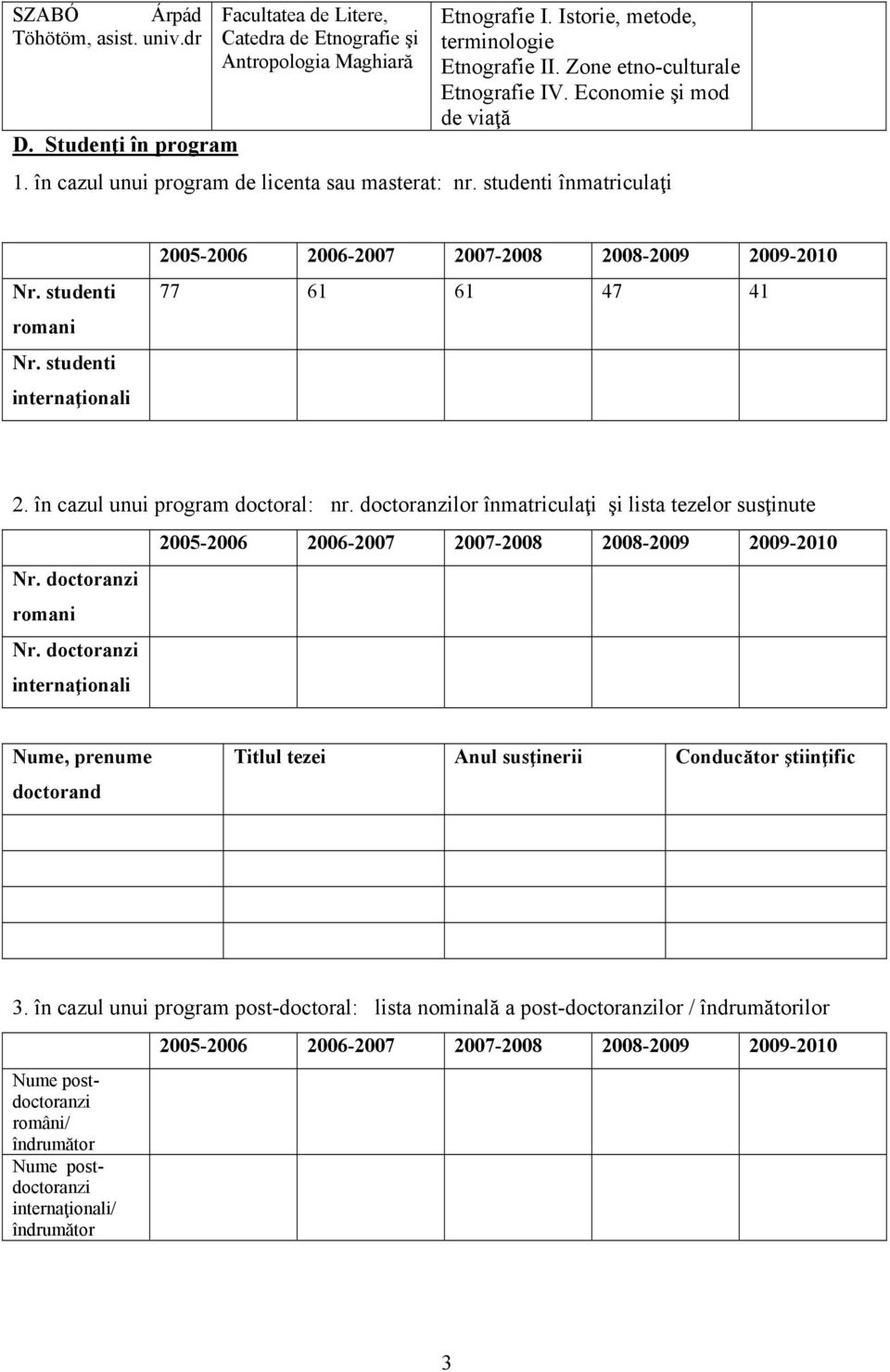 studenti internaţionali 2005-2006 2006-2007 2007-2008 2008-2009 2009-2010 77 61 61 47 41 2. în cazul unui program doctoral: nr.