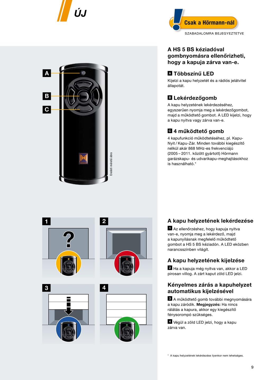 A LED kijelzi, hogy a kapu nyitva vagy zárva van-e. C 4 működtető gomb Eredeti méretű ábra 4 kapufunkció működtetéséhez, pl. Kapu- Nyit / Kapu-Zár.