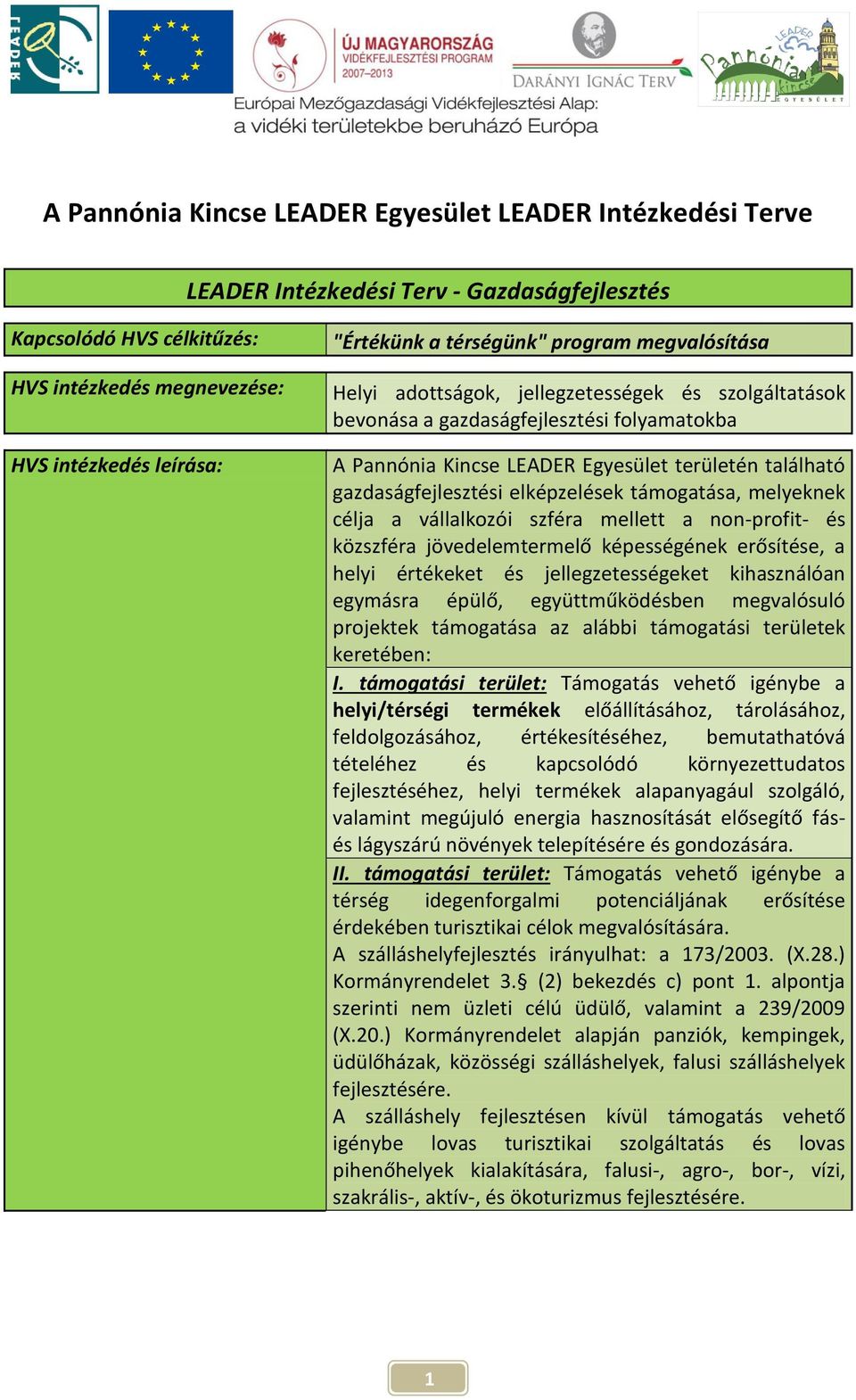 gazdaságfejlesztési elképzelések támogatása, melyeknek célja a vállalkozói szféra mellett a non-profit- és közszféra jövedelemtermelő képességének erősítése, a helyi értékeket és jellegzetességeket