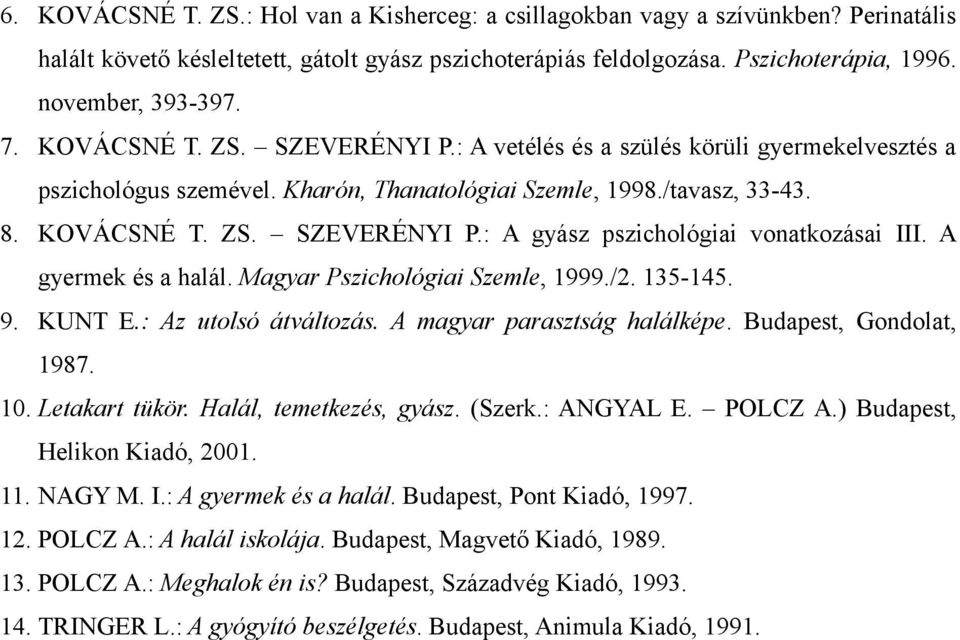 A gyermek és a halál. Magyar Pszichológiai Szemle, 1999./2. 135-145. 9. KUNT E.: Az utolsó átváltozás. A magyar parasztság halálképe. Budapest, Gondolat, 1987. 10. Letakart tükör.