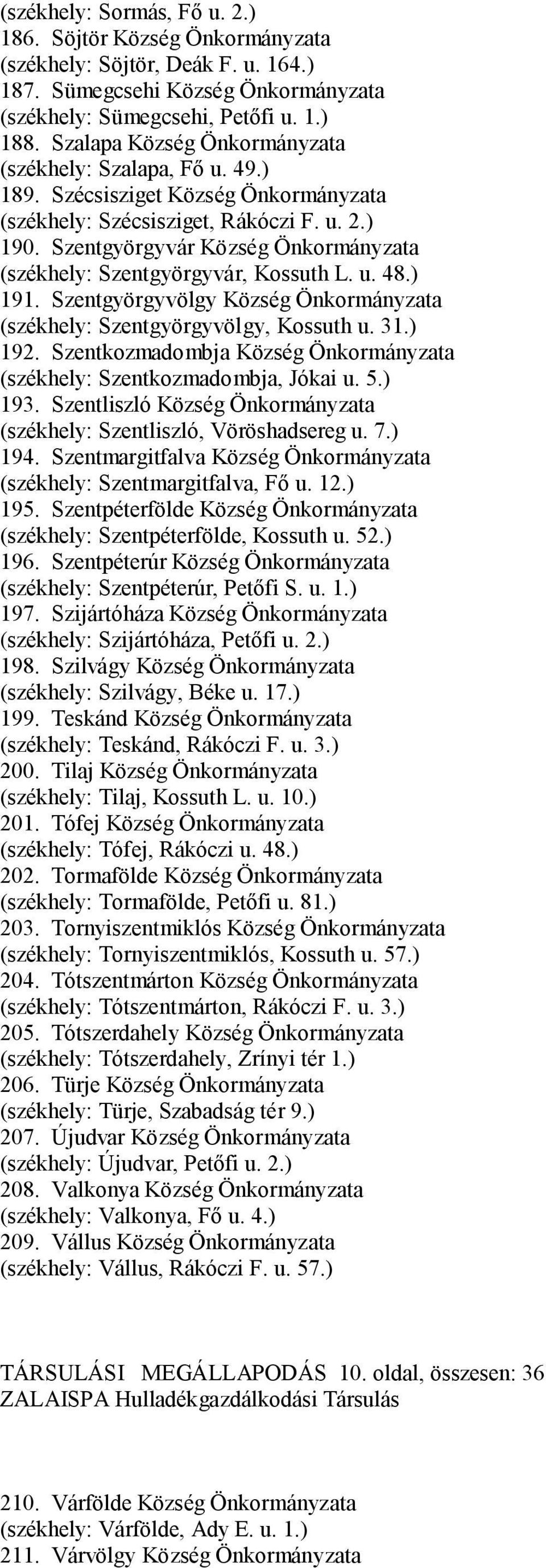 Szentgyörgyvár Község Önkormányzata (székhely: Szentgyörgyvár, Kossuth L. u. 48.) 191. Szentgyörgyvölgy Község Önkormányzata (székhely: Szentgyörgyvölgy, Kossuth u. 31.) 192.